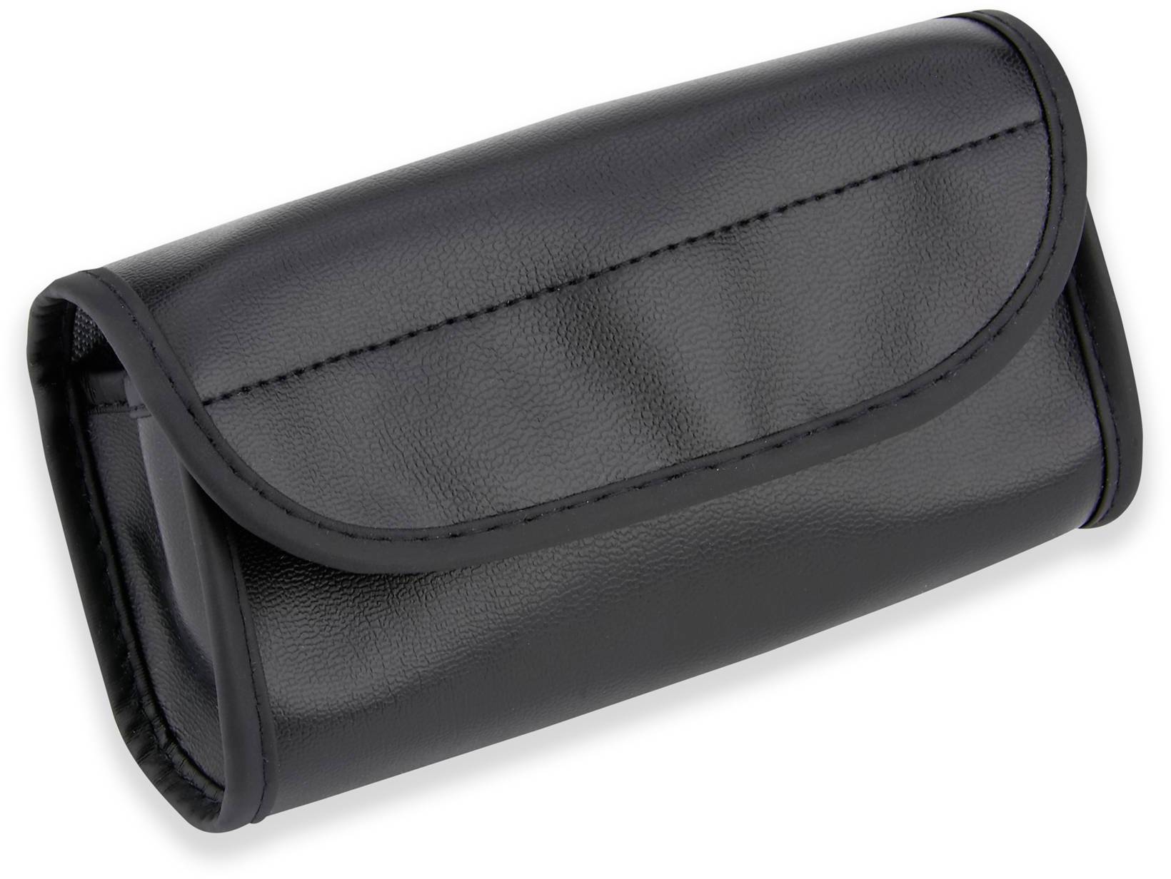 Zwart, rechthoekig etui van imitatieleer met klapdeksel, waarschijnlijk bedoeld voor het opbergen van kleine voorwerpen of apparaten.