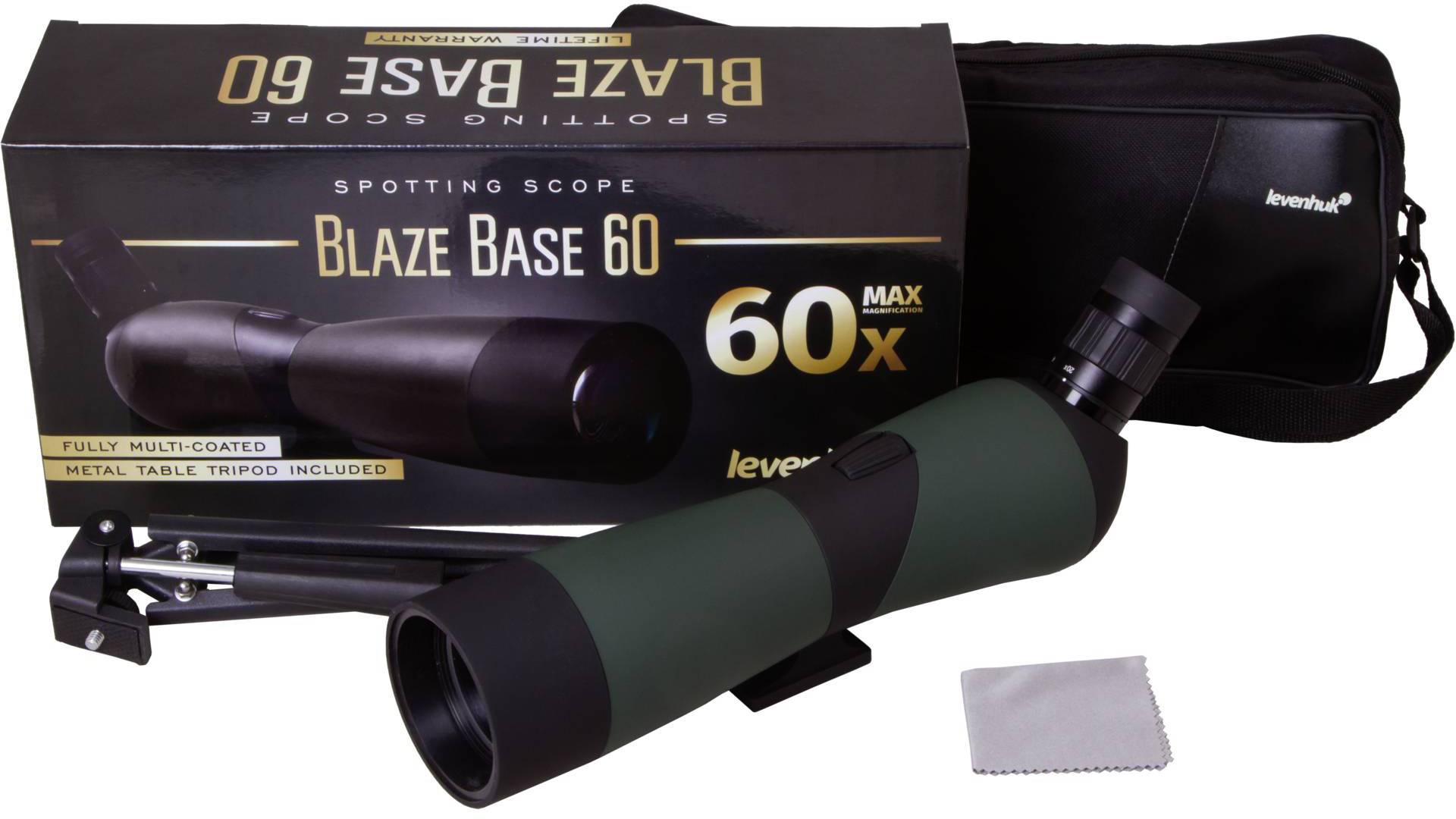 Verrekijker 'Blaze Base 60' van Levenhuk met 60x vergroting, statief, reinigingsdoek en tas. Verpakking en toebehoren afgebeeld.