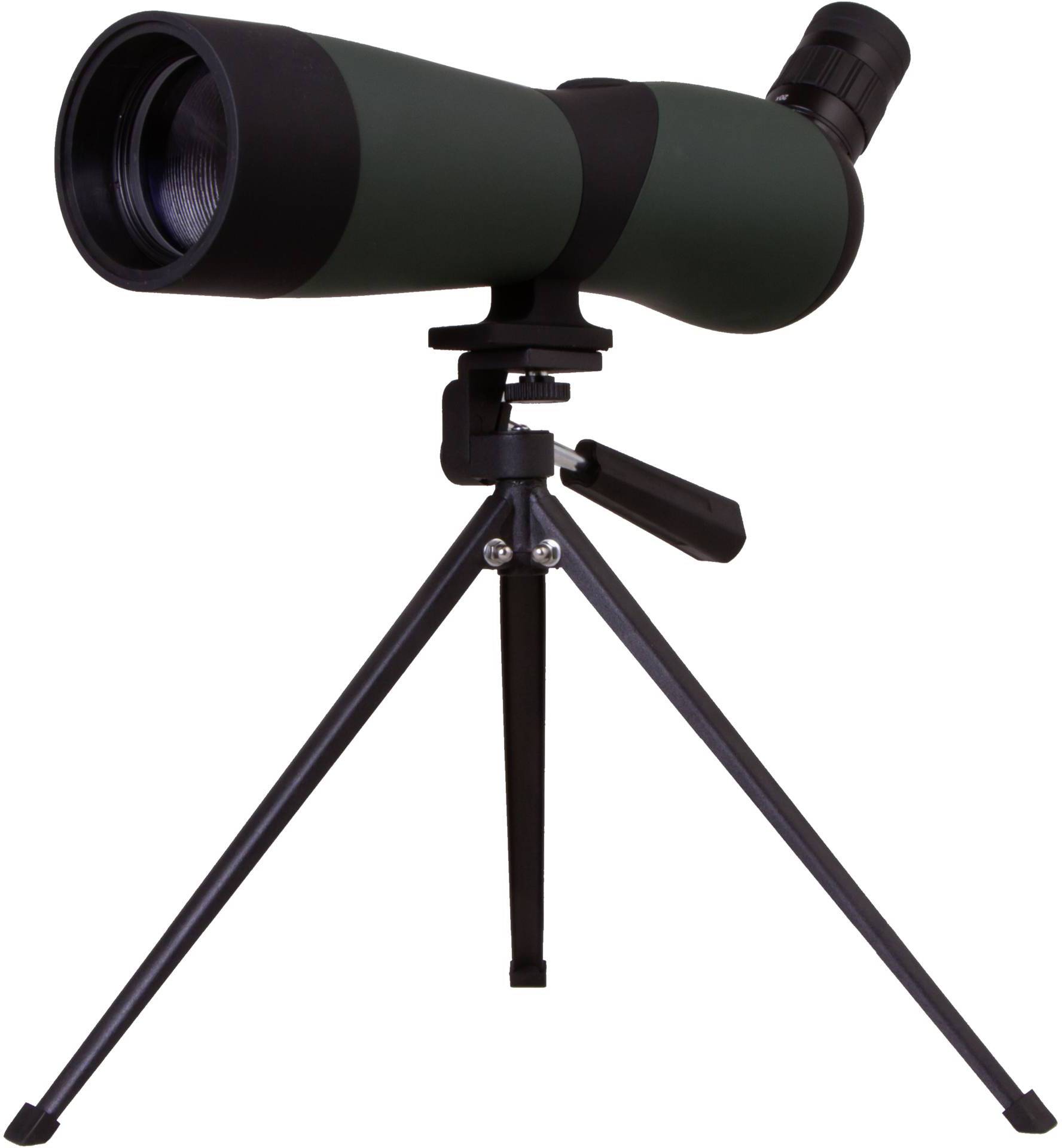 Een groen spotting scope op een zwart statief, klaar voor observatie. Het heeft een robuust ontwerp en is geschikt voor natuurwaarnemingen.