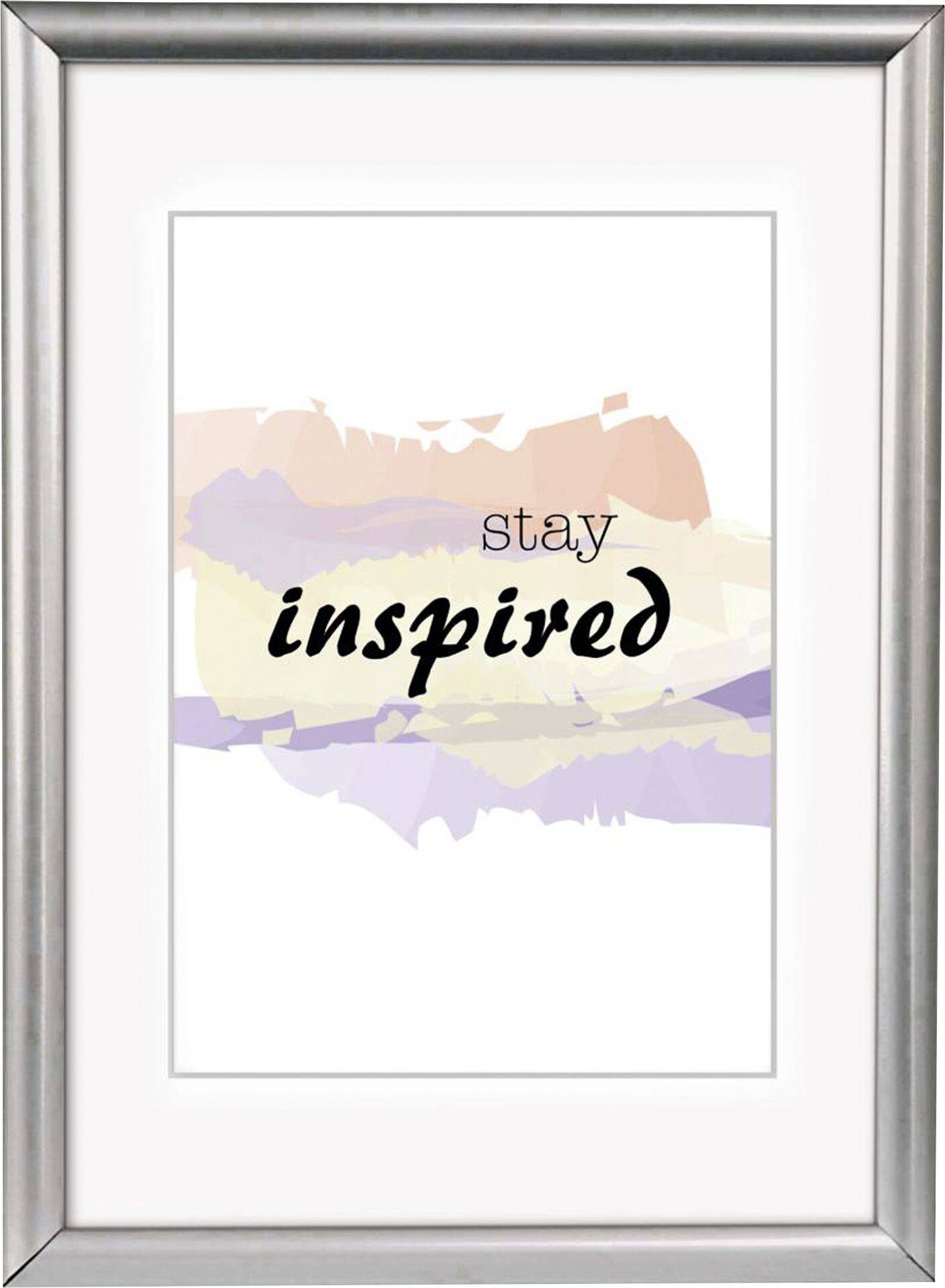 Ingelijste afbeelding met pastelkleurige penseelstreken en de tekst 'blijf geïnspireerd'.