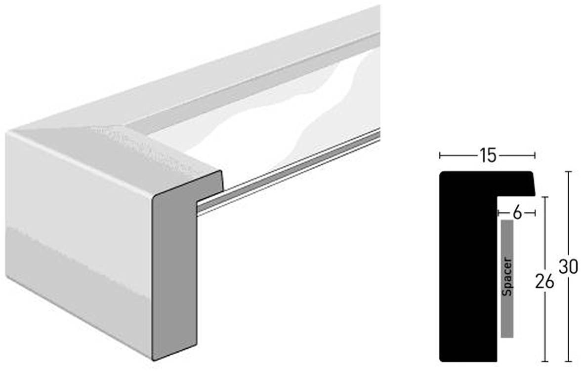 Zijaanzicht van een L-vormig metalen frame met afmetingen: 15 mm breedte, 30 mm hoogte en 6 mm afstandhouder.
