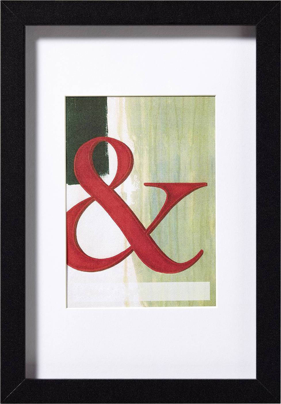 Een ingelijste afbeelding toont een groot rood ampersand-teken voor een abstract patroon van groen- en witachtige tinten.