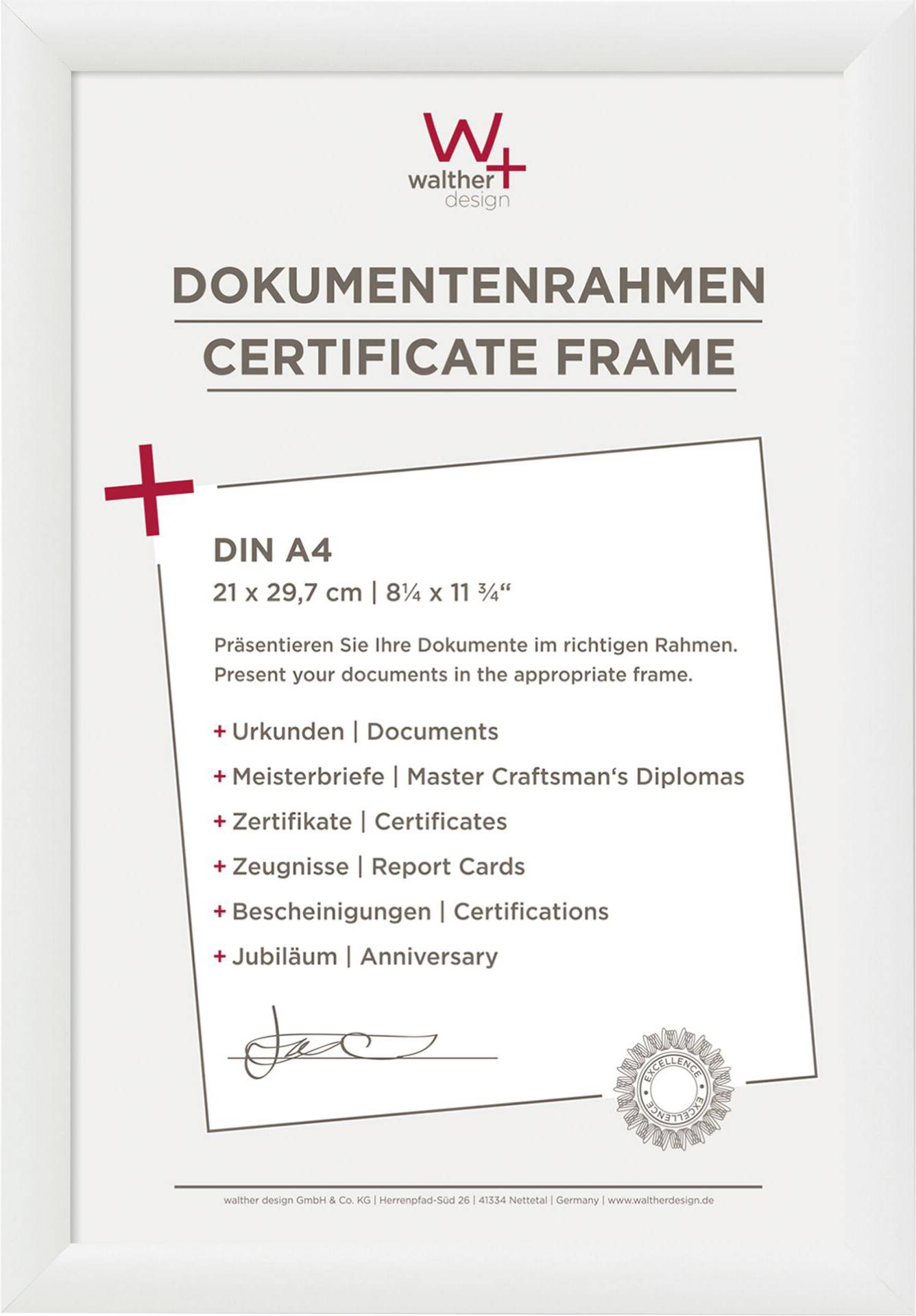 'Documenten-frame van kunststof, geschikt voor DIN A4-documenten. Bevat voorbeelden zoals diploma's, certificaten en meesterbrieven.'