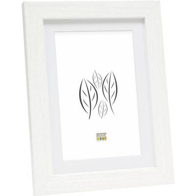 Witte fotolijst toont een minimalistisch bladpatroon. In het onderste gedeelte is een klein kleurrijk logo zichtbaar, echter zonder herkenbare details.