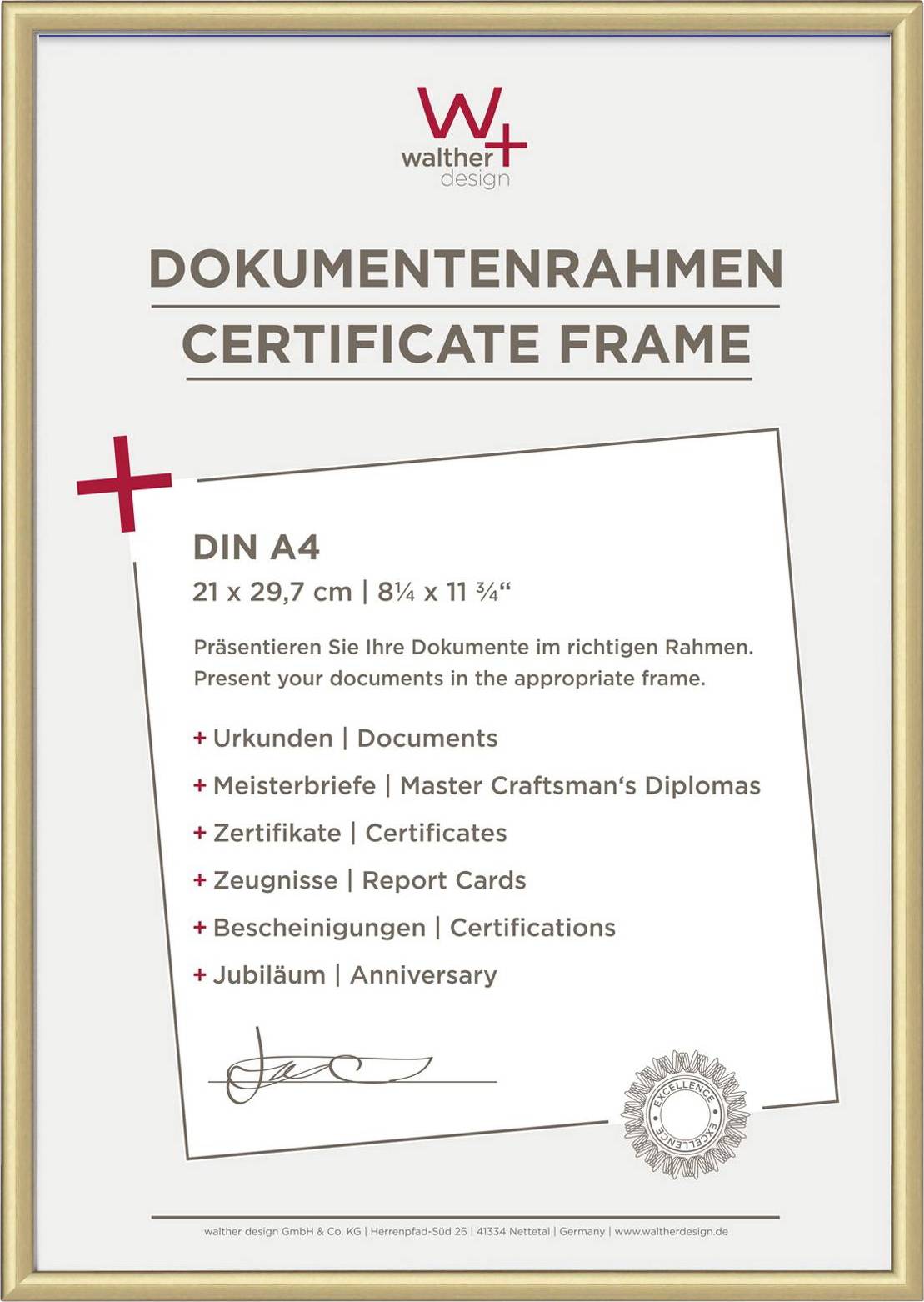 'Certificaat Kaders' voor DIN A4-documenten, gepresenteerd in gouden lijsten. Prominente toepassingsvoorbeelden: oorkonden, certificaten.