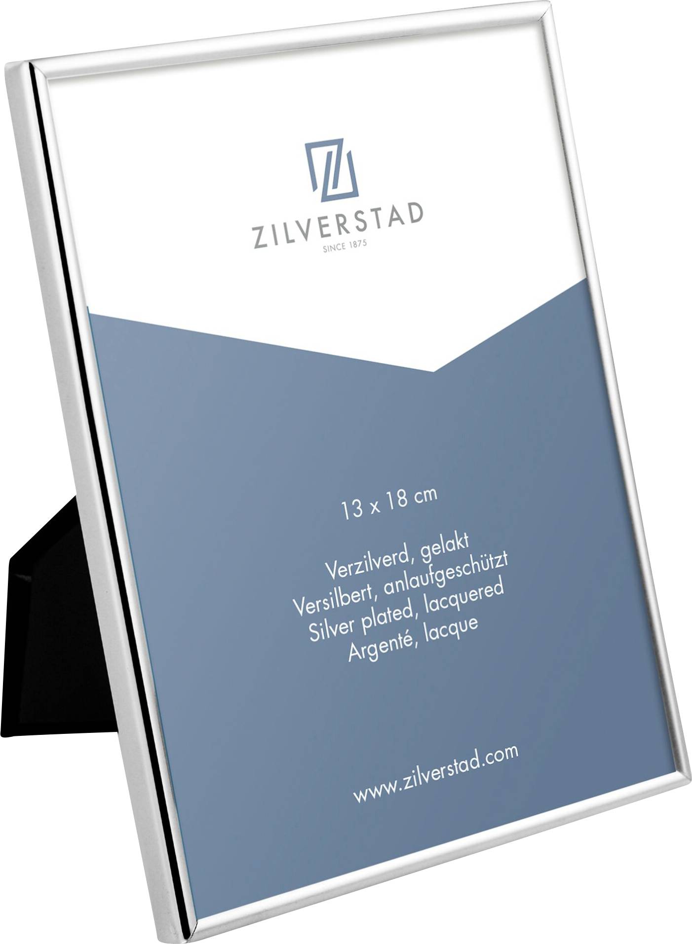 Zilveren fotolijst met blauwe achtergrond, opschrift: 'Zilverstad - Verzilverd, 13x18 cm'.
