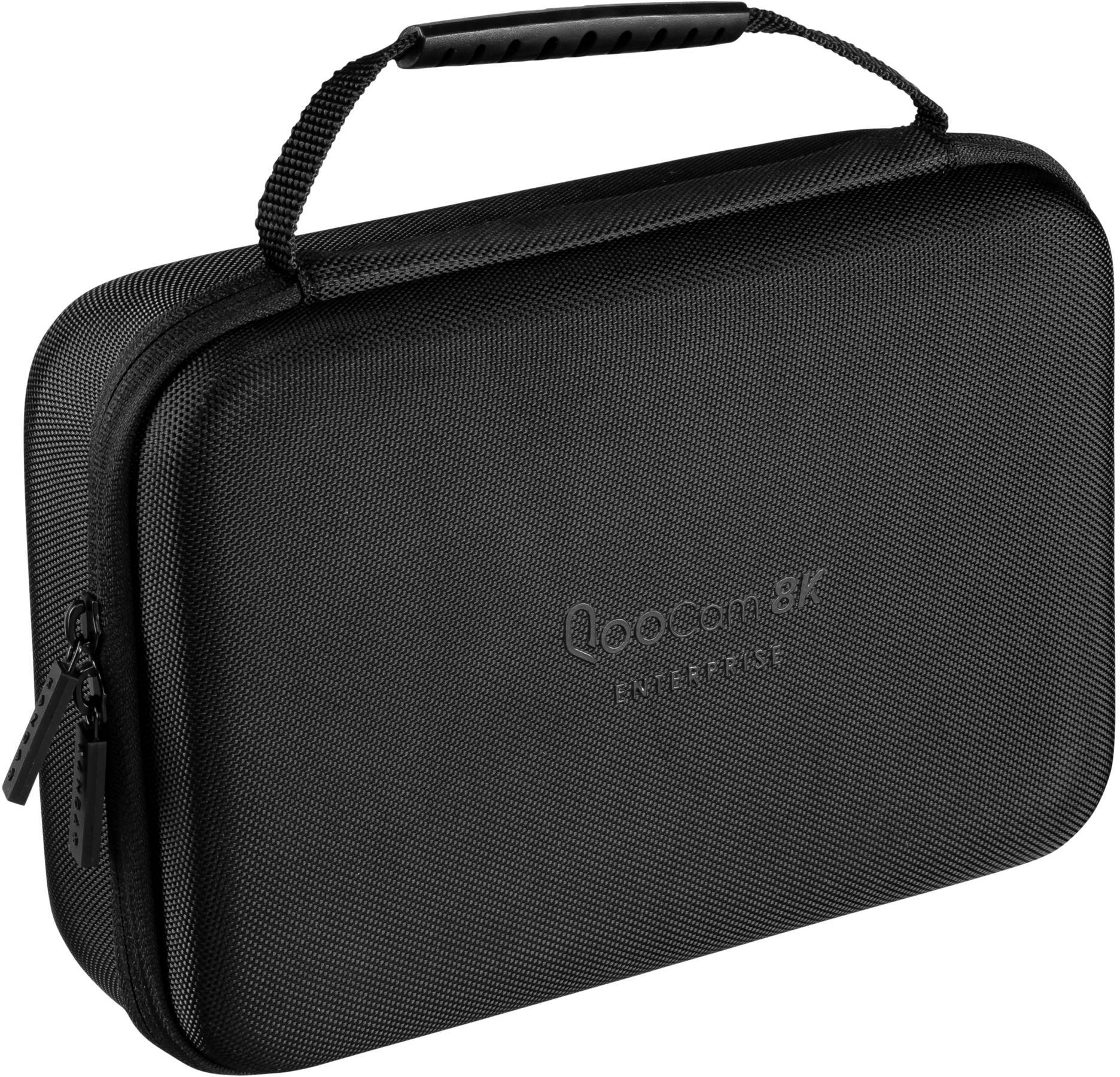 Zwart hardcase-etui met handgreep en rits, geschikt voor veilig transport van kleine apparaten of accessoires.