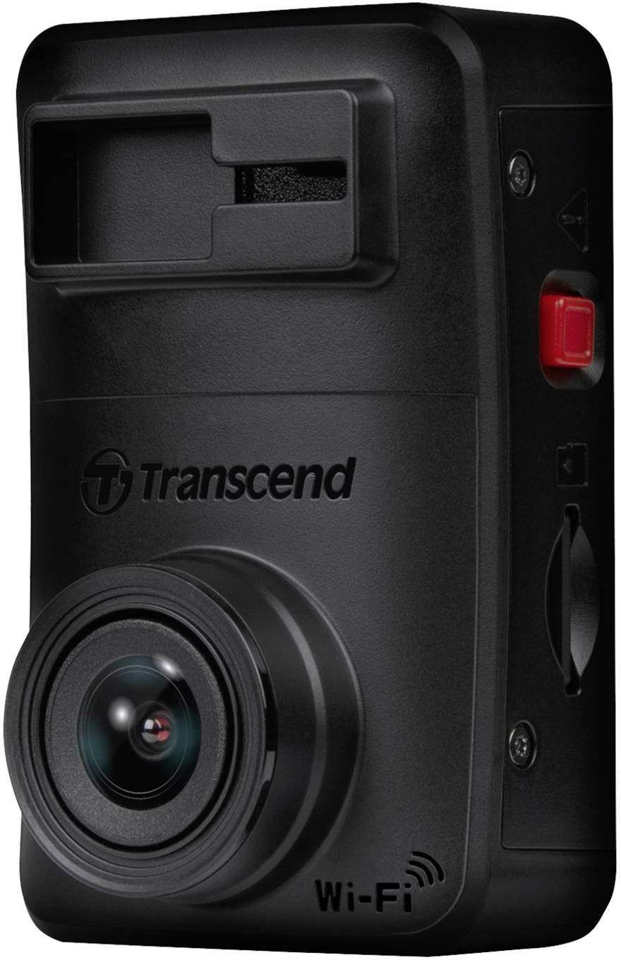 Een zwarte Transcend dashcam met een brede lens, Wi-Fi-functie en een rode knop aan de zijkant.