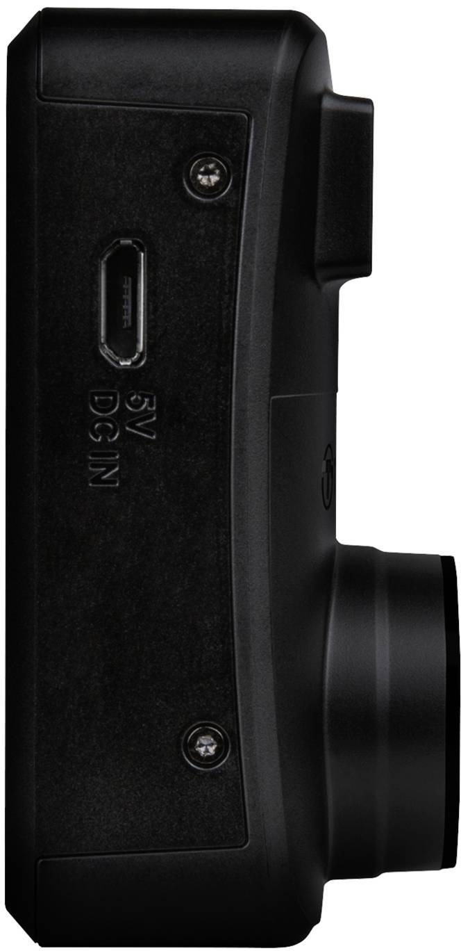 Zwarte camera van opzij met zichtbare USB-C-aansluiting voor 5V DC-stroomtoevoer.
