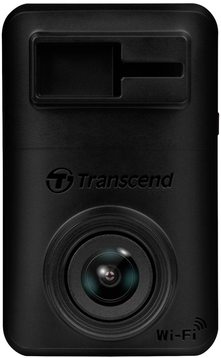 Compacte zwarte autocamera met Transcend-logo en lens in het midden. Beschikt over Wi-Fi-functionaliteit.