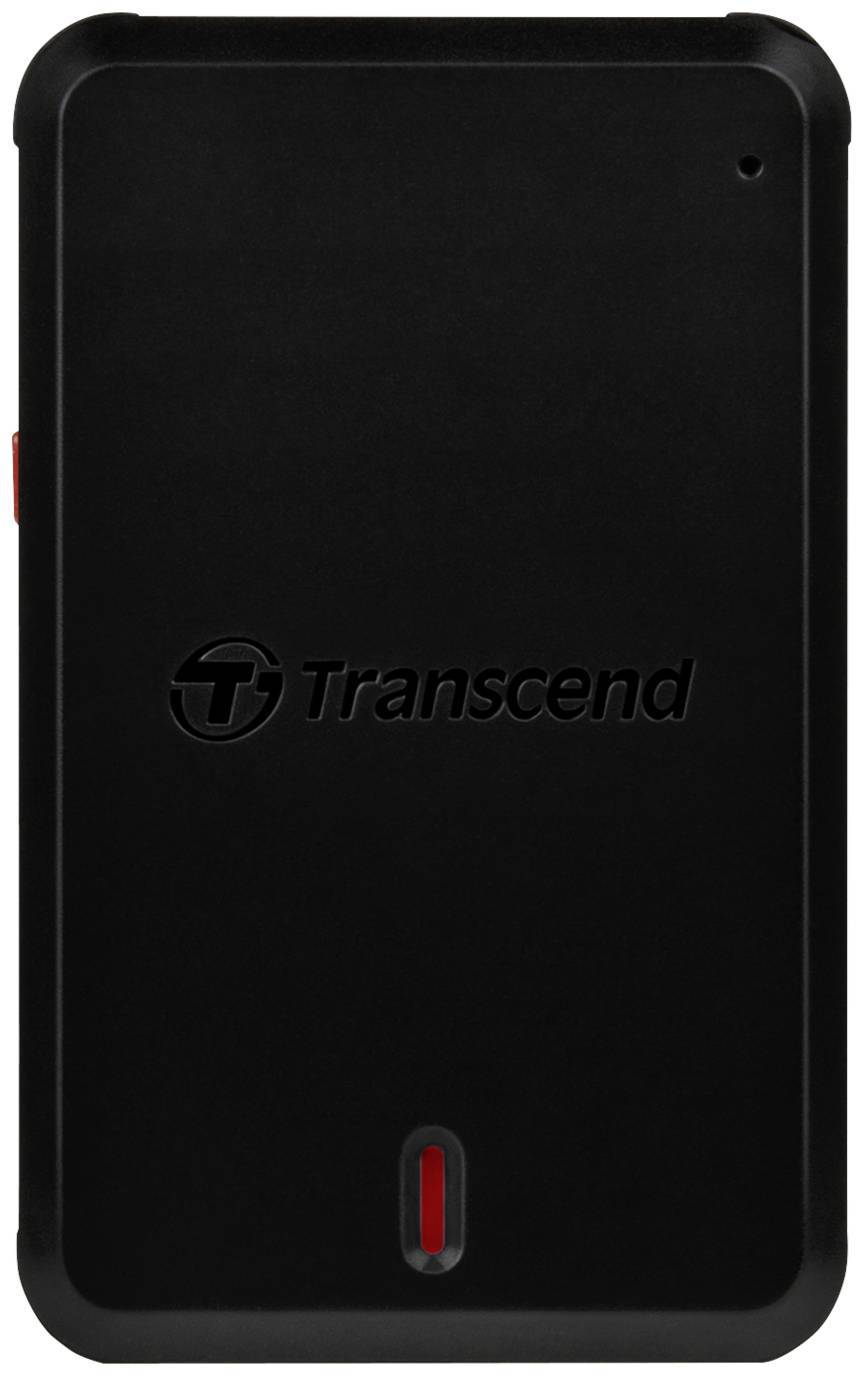 Externe harde schijf van Transcend, zwart, met rode accenten, vooraanzicht.