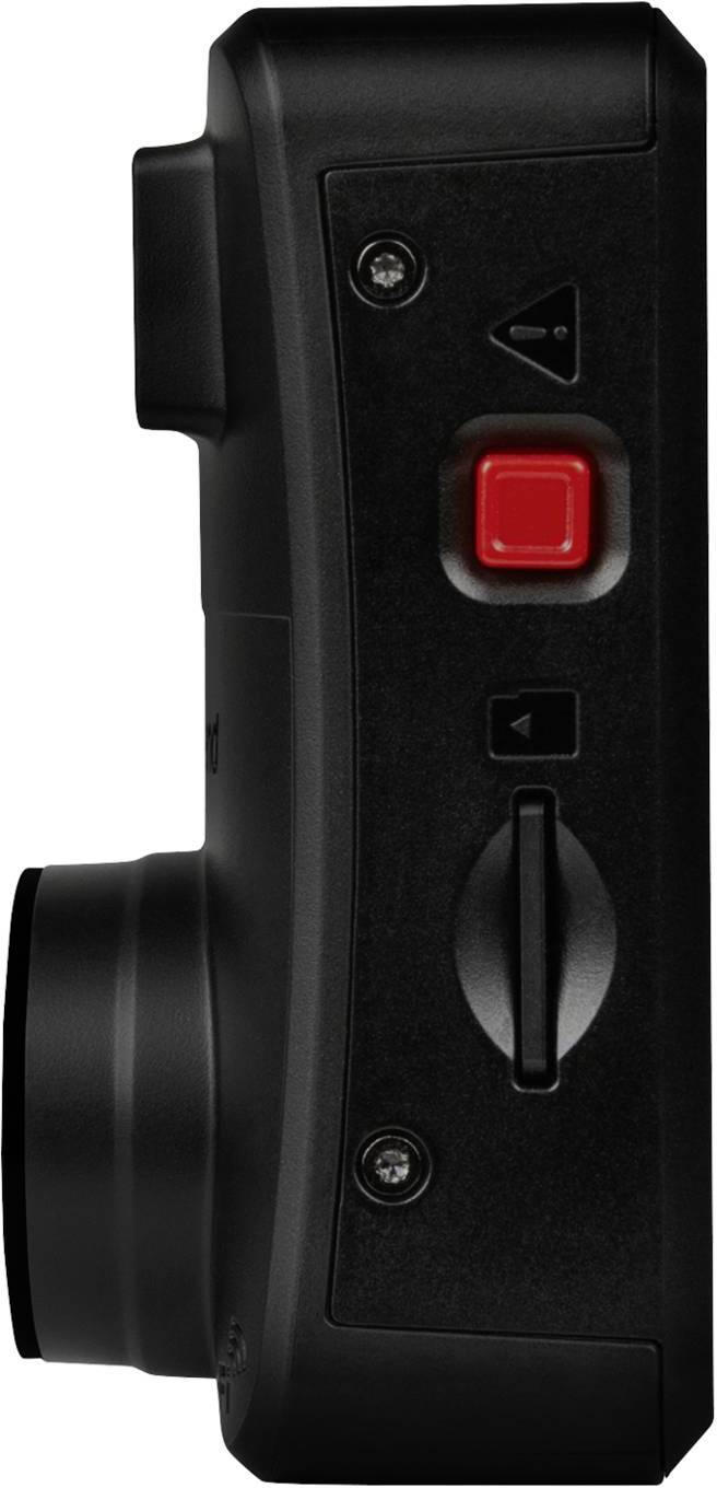 De afbeelding toont de zijaanzicht van een zwarte camera met een rode knop en schuifknop aan de rechterkant.