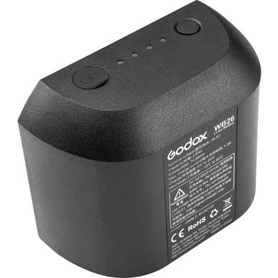 Oplaadbare accu WB26 van Godox met laadmeterindicatoren, voorzien van CE- en RoHS-certificering.