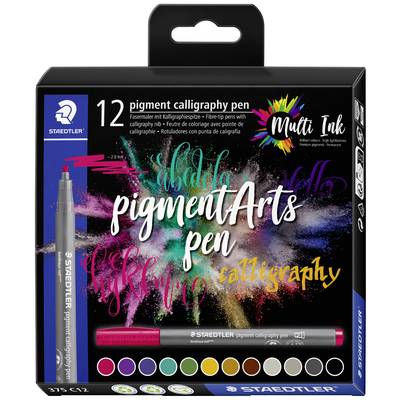 'Staedtler pigmentArts pen', 12 kleuren, Kalligrafie-pennenset met gekleurde opdruk op zwarte achtergrond, verpakkingsontwerp.