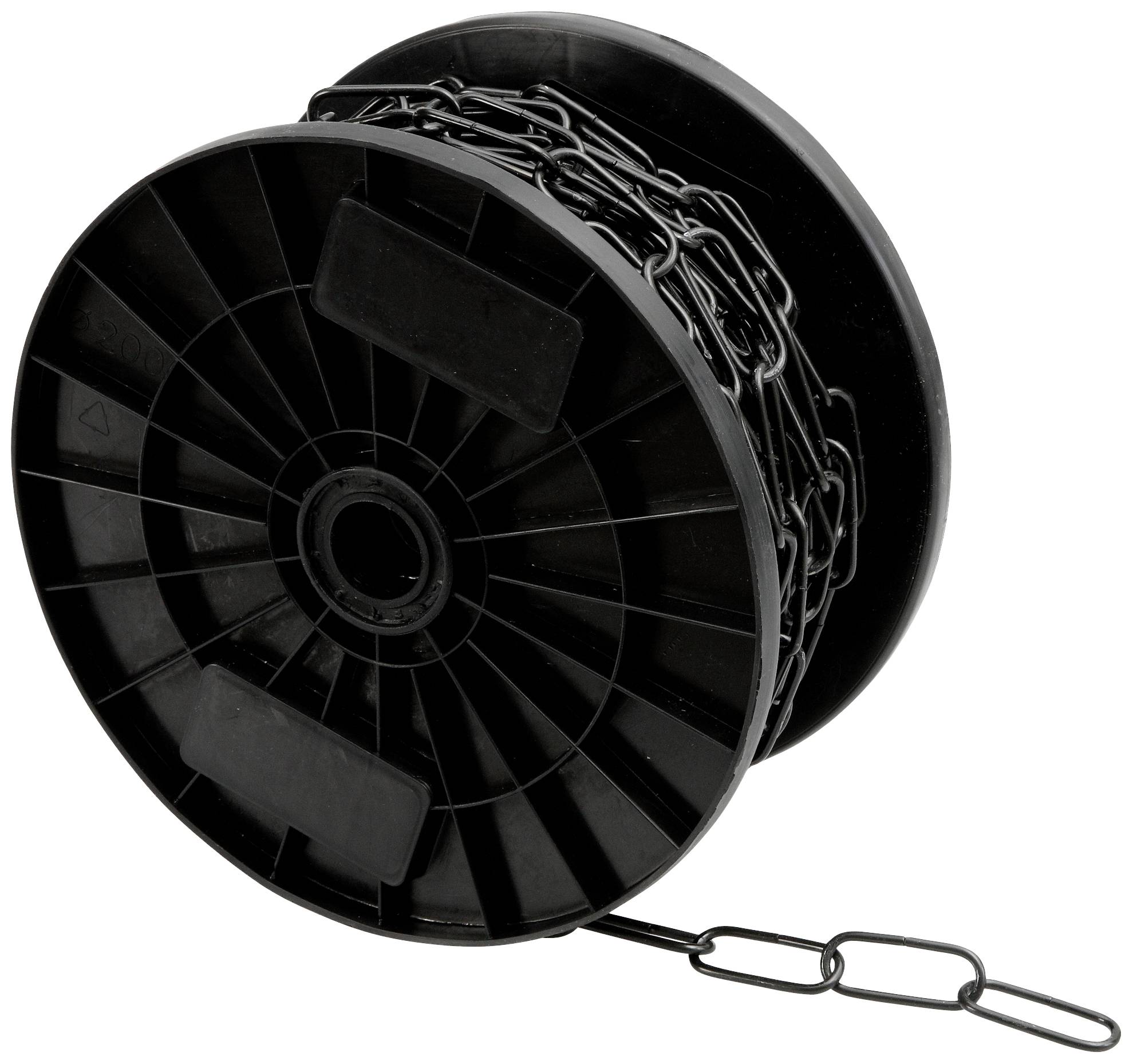 Een zwarte kunststof spoel met daarop een opgerolde metalen ketting is te zien. De ketting steekt licht uit de spoel.