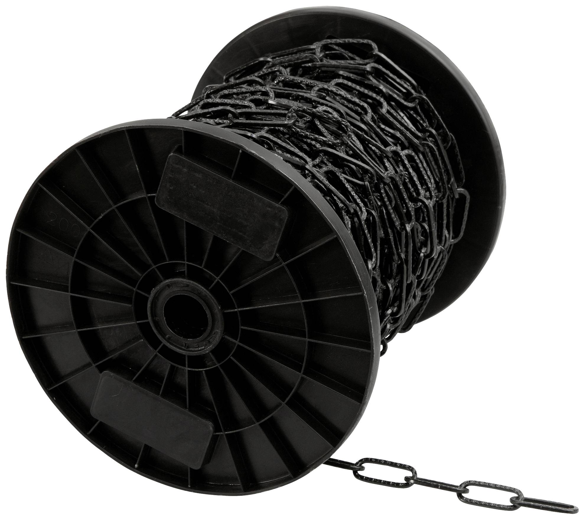 Zwarte plastic spoel waarop een lange zwarte ketting is opgerold. Een deel van de ketting steekt uit van de spoel.