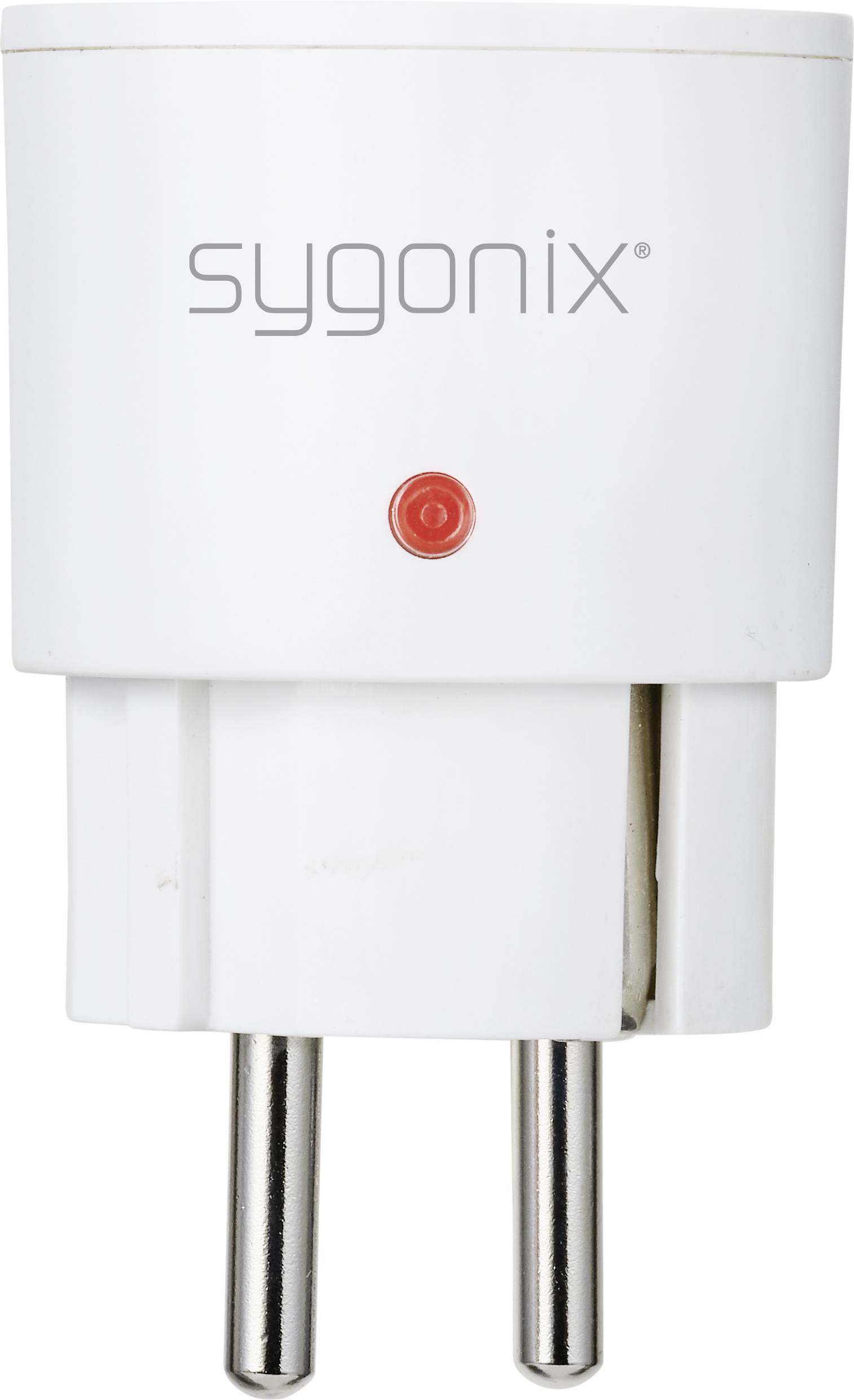 Een witte stekkerdoos-adapter met een rode LED-indicator, voorzien van het opschrift 'sygonix'. Geschikt voor het besturen van elektrische apparaten.