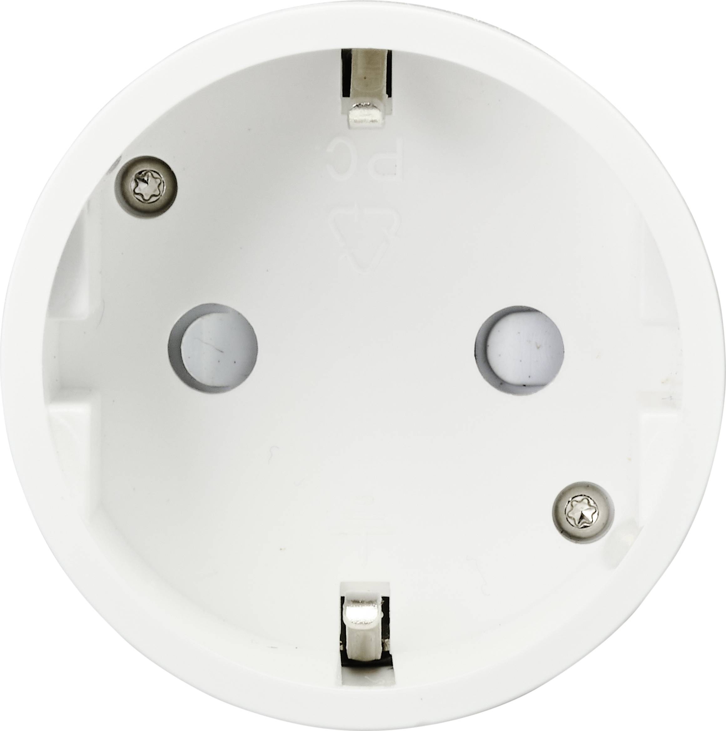 Witte Schuko-steekeradapter met een ronde vorm en twee zijdelingse klemmen voor aansluiting op het stopcontact.