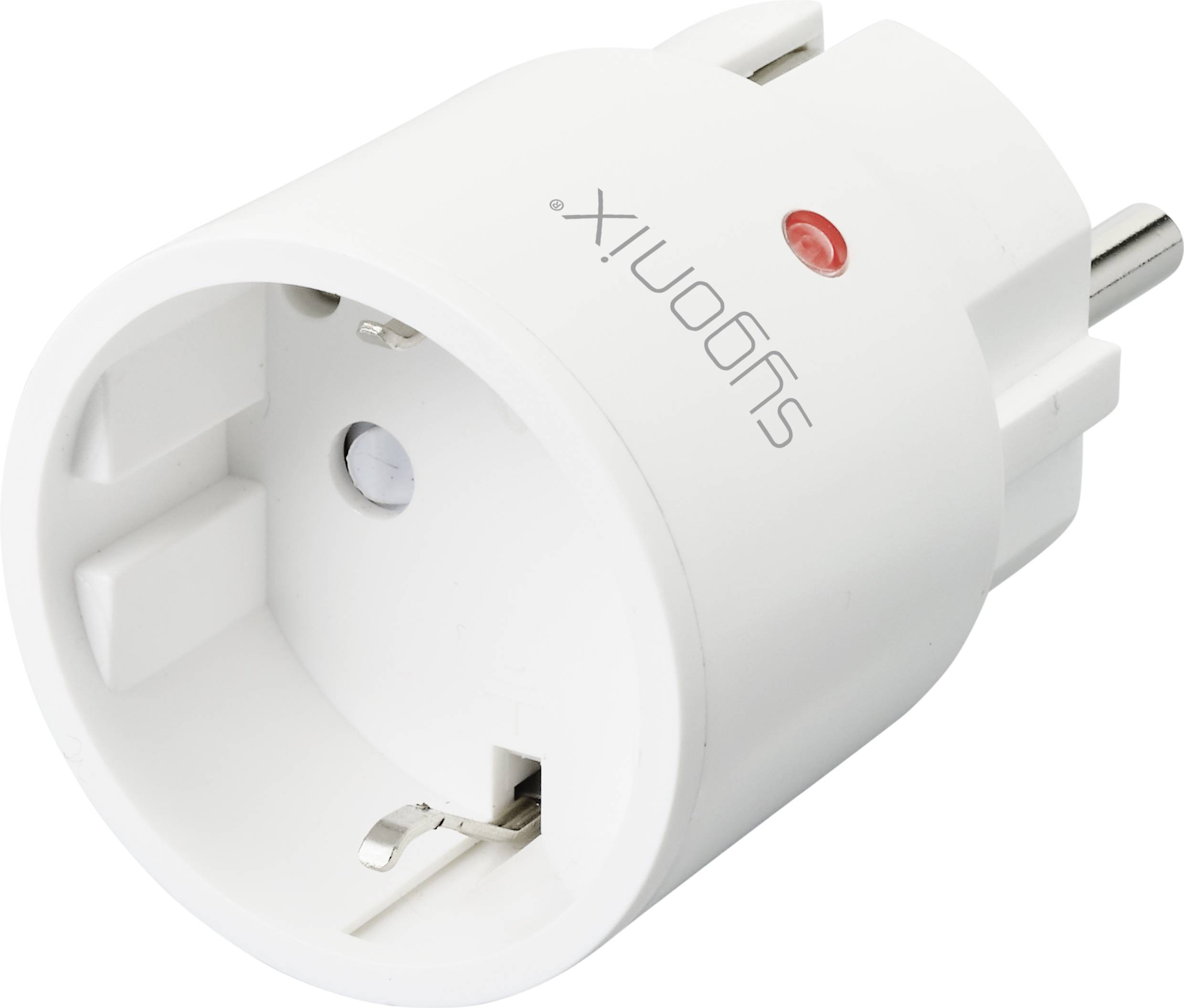Een witte, ronde slimme stekker met een rode controlelamp en opschrift 'Sugomix'; bestemd voor het op afstand bedienen van elektrische apparaten.
