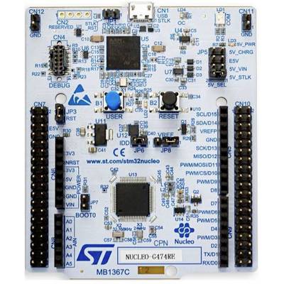Een STM32 Nucleo-ontwikkelingskaart met een microcontroller, verschillende aansluitingen, knoppen en header-pinnen voor prototyping.
