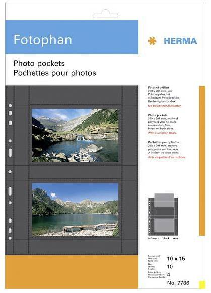 Fotohoes van Herma voor 10x15 cm foto's, transparant, 10 stuks, 4 vakken per hoes. Verpakking toont berglandschap.
