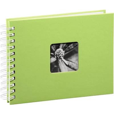 Groen ringbandje-notitieboek met vierkant venster dat een zwart-wit macrofoto van een plant laat zien.