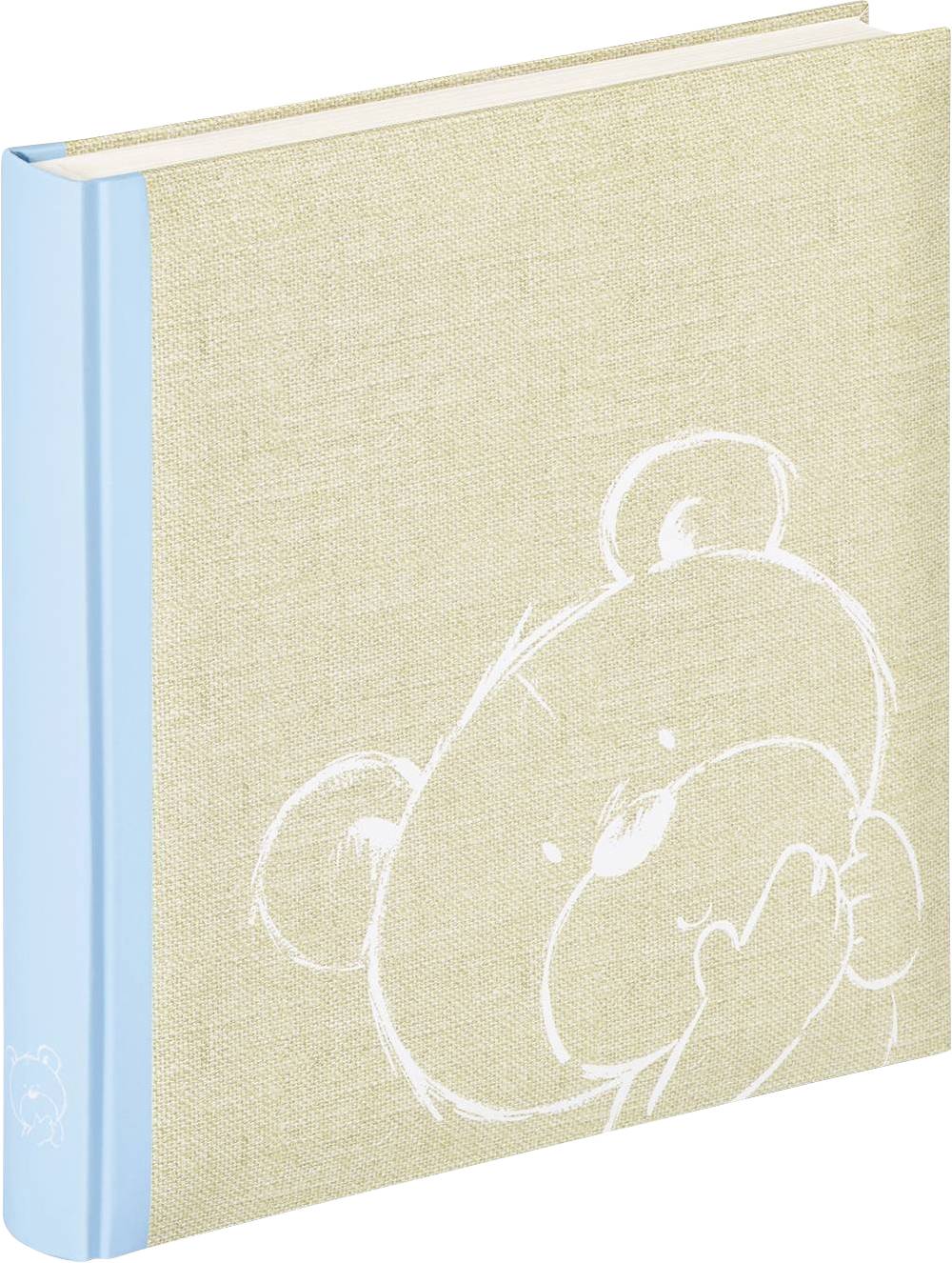 Een beige notitieboekje met een blauwe binding, met een getekende teddybeer op de voorkant. Ideaal voor aantekeningen of schetsen.