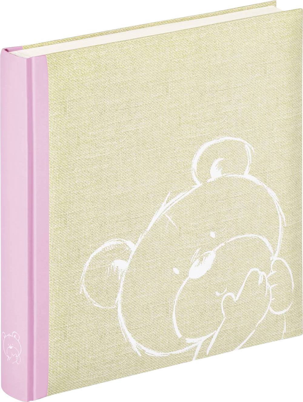 Fotoalbum met een roze rug en een wit beermotief op de beige kaft. Ideaal voor baby's foto's of als cadeau.