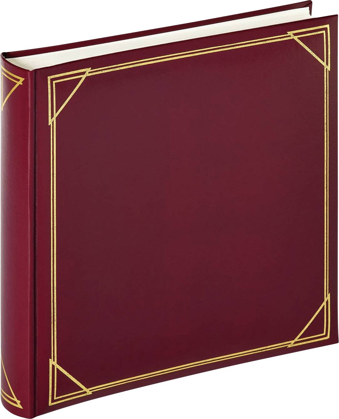 Rood fotoalbum met gouden versieringen op de hoeken.