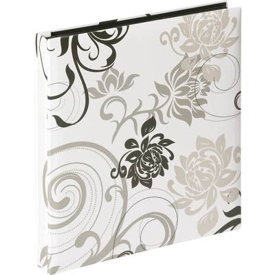 Een vierkant notitieboek met een elegant bloemendesign in zwart, grijs en beige op een witte achtergrond.