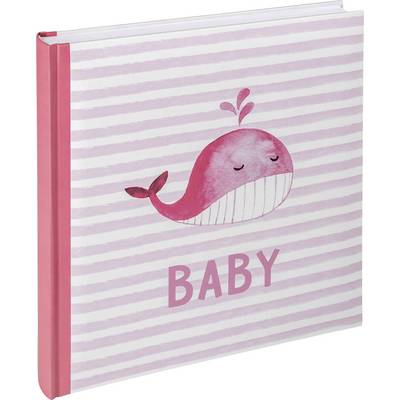 Roze babyalbum met een glimlachende walvis en het woord 'BABY' op een gestreepte achtergrond. Ideaal voor herinneringen.