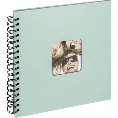Een turquoise fotoalbum met spiraalbinding. In het venster op de kaft is een foto te zien van drie lachende personen.