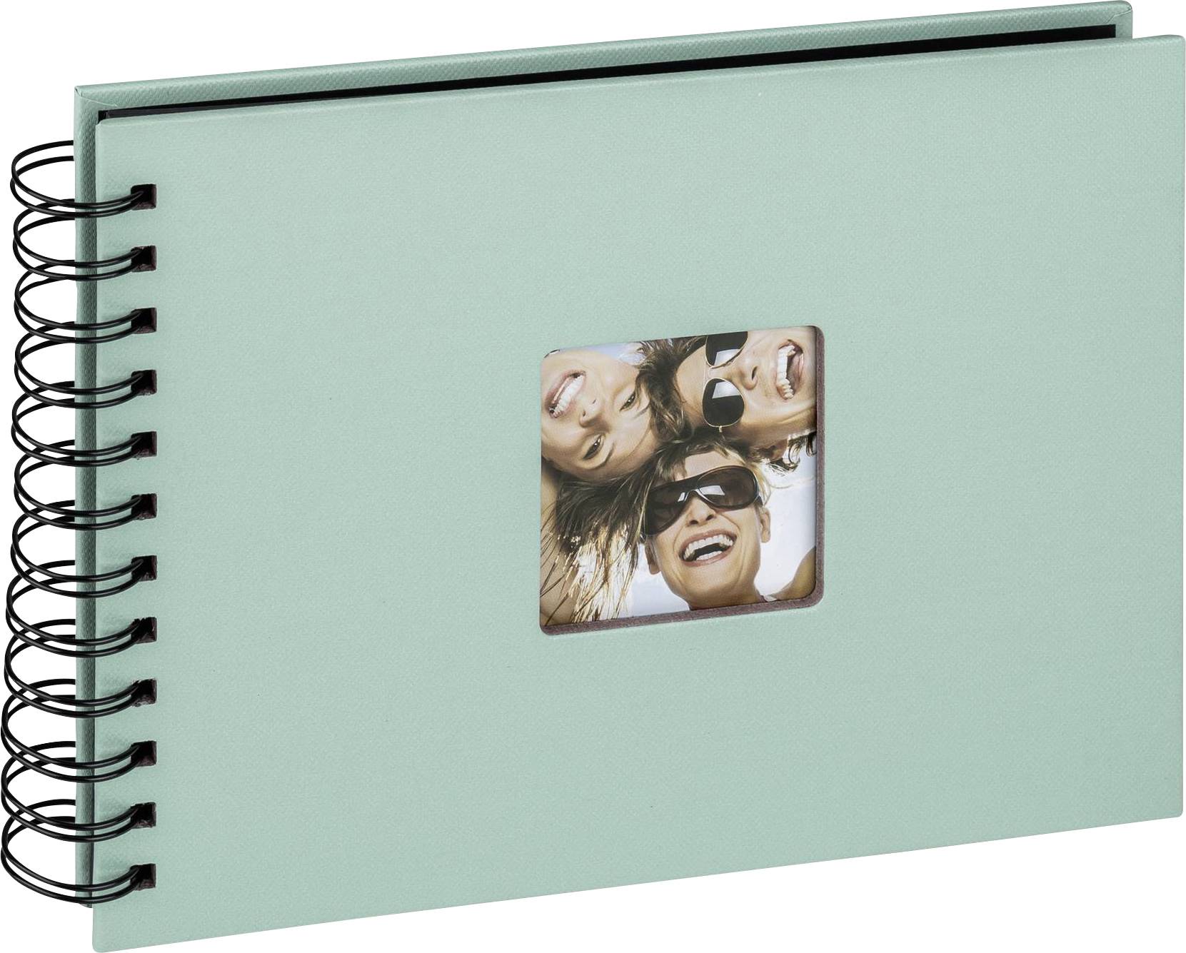 Fotoboek met spiraalbinding en een turquoise omslag; kleine foto van drie lachende personen op de voorkant.