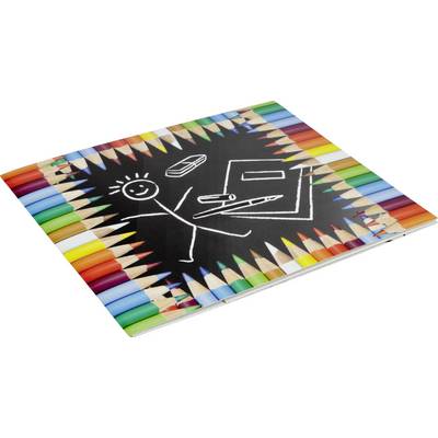 Kleurpotloden omlijsten een krijtbordtekening van een lachend stickermannetje met een pen en een blok, symboliseert creativiteit.
