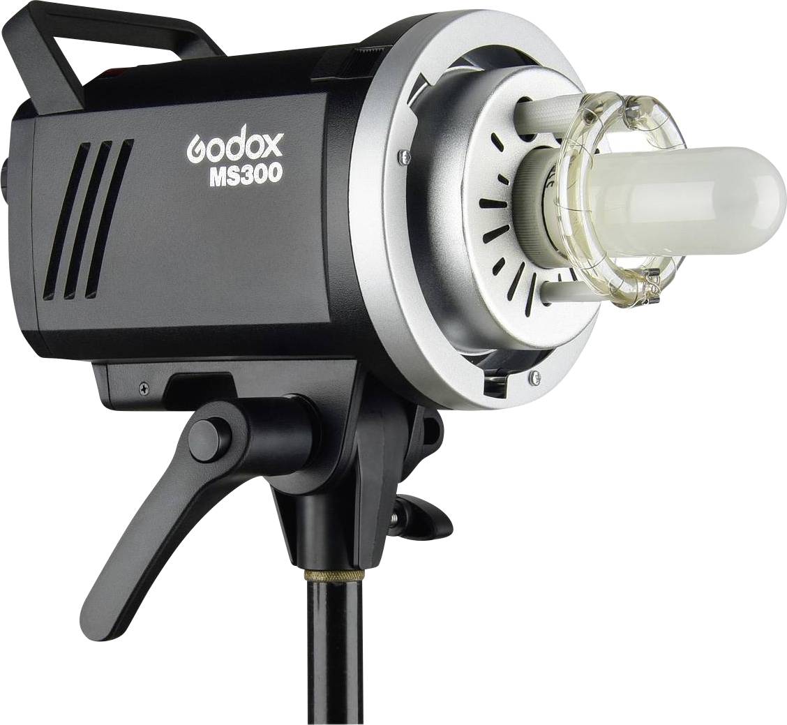 Studiostroboscoop met zwarte behuizing gemonteerd op statief, merknaam zichtbaar. Ideaal voor fotografie en verlichting.