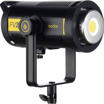 Een zwarte, professionele studioverlichting met gele accenten en dimbare LED-lamp op een verstelbaar statief.
