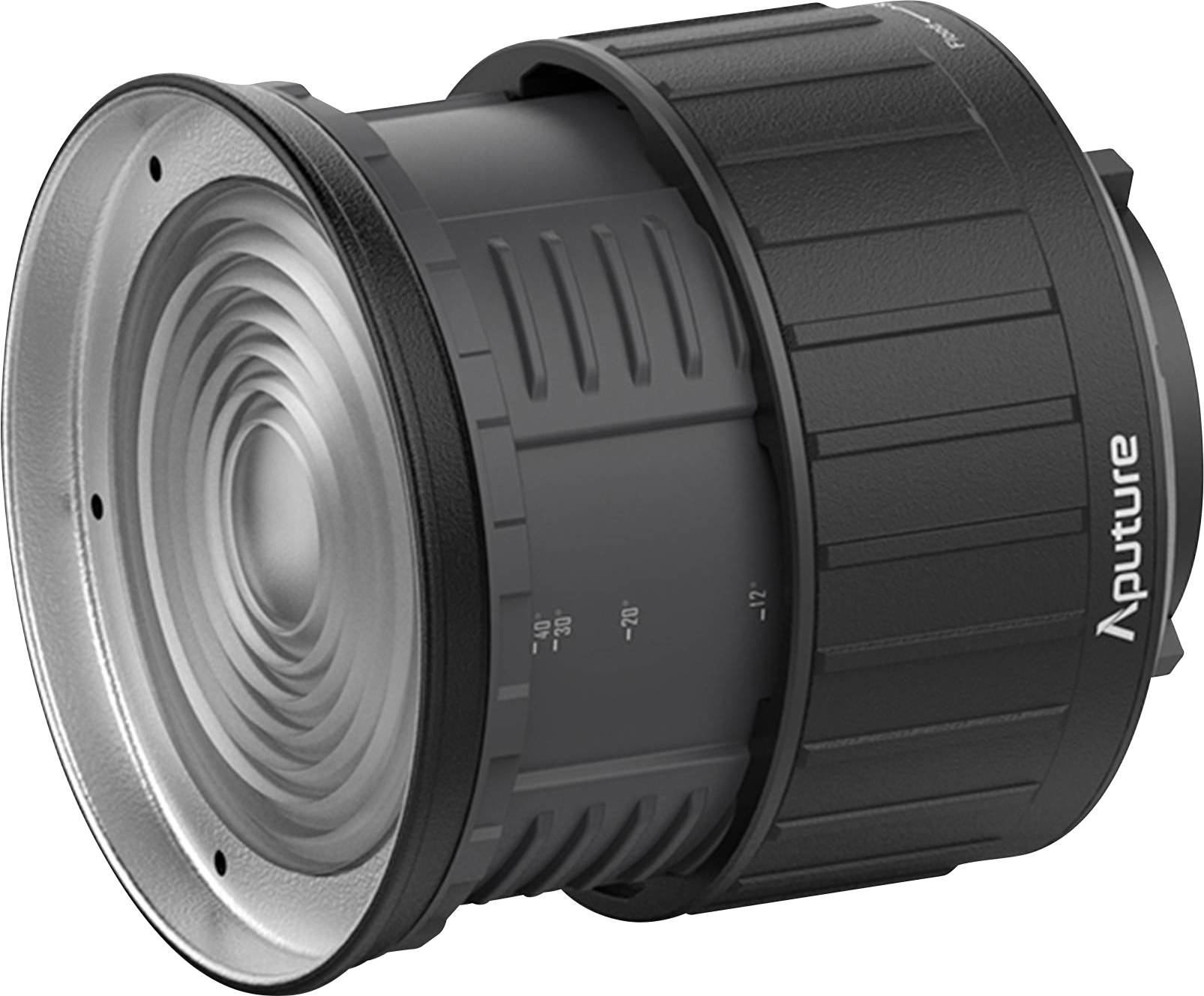 Objectiefkap met een gestructureerd behuizing van het merk 'Aputure', gebruikt voor lichtbundel modificatie in de fotografie.