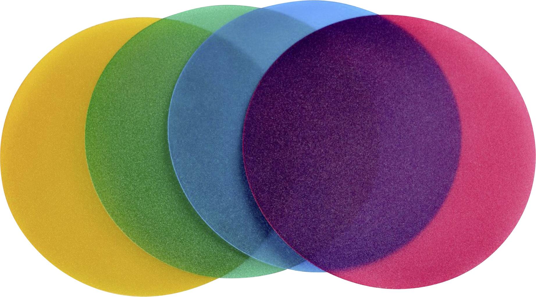 Overlappende gekleurde cirkels in geel, groen, blauw en rood, die verschillende tinten en gemengde kleuren creëren.