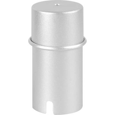 Zilveren, cilindrische metalen opzetstuk met een kleine ronde opening bovenaan en een gleuf aan de rand.