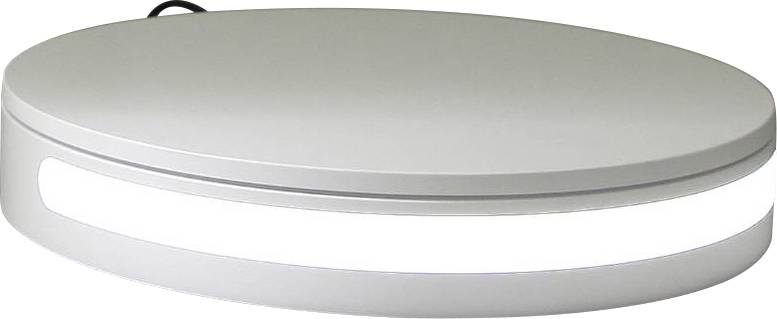 Grijs, ovaal LED-licht met verlichte rand en stroomkabel, geplaatst op een witte oppervlakte.