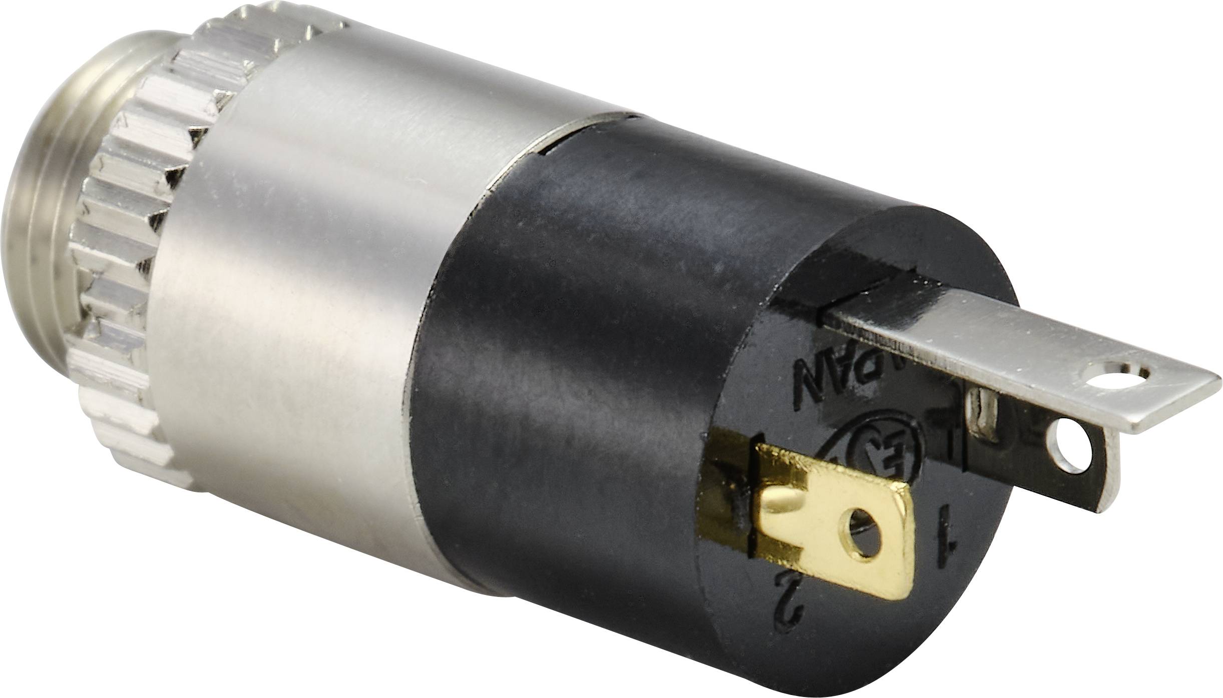Connector met een zwart en zilver behuizing, drie metalen contacten en een gekartelde dop. Elektronisch onderdeel voor verbindingen.