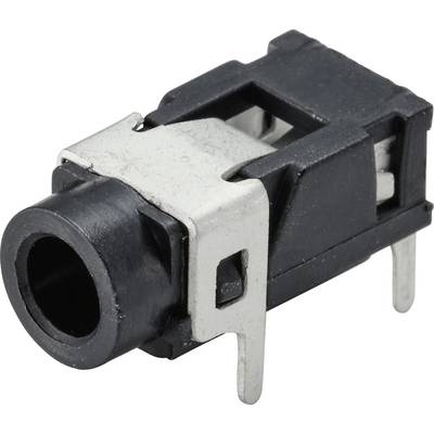 Een zwarte en zilveren audio-jackplug met drie aansluitingen voor montage op een printplaat.