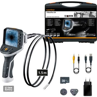 Productafbeelding van een Laserliner VideoFlex G4 video-inspectiecamera met handheld scherm, 1,5 m sonde, draagtas, microSD-kaart, adapters en lader.