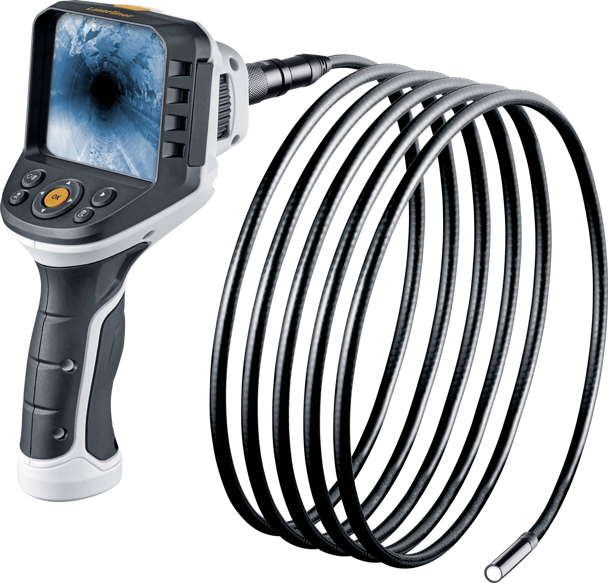 Endoscopische camera met een lang, flexibel kabel en handapparaat. Het scherm toont een beeld van een donkere buis.