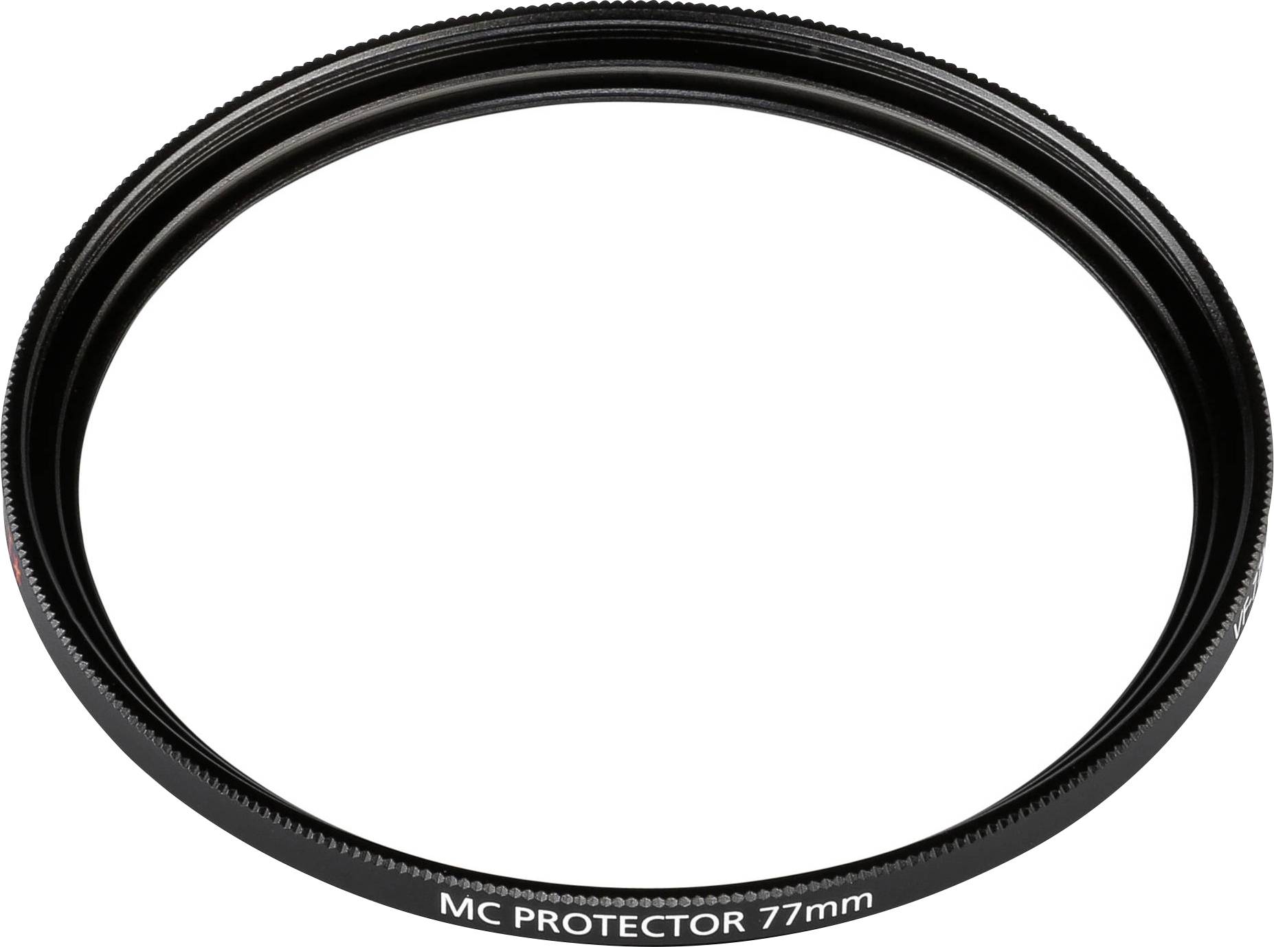 Een zwarte MC-beschermfilter voor cameraloens met een diameter van 77 mm.