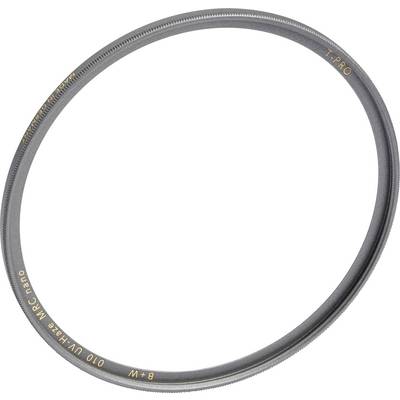 Een ronde camera-UV-filter met de opschrift 'B+W 010 UV-Haze MRC nano'. De filter is slank en donkergrijs.