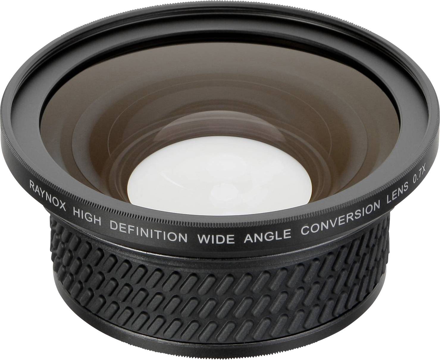 Groothoeklens met opschrift 'Raynox High Definition Wide Angle Conversion Lens 0.7x'.