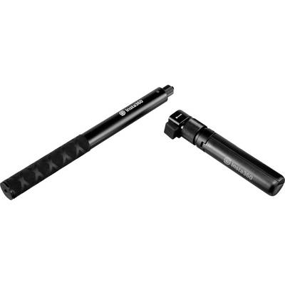 Twee zwarte telescopische stokken met het 'insta360' logo, eentje rechtop, de andere ingeklapt; accessoires voor camera's.