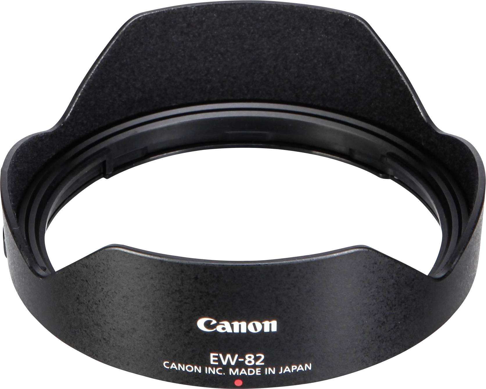Zwarte Canon-objectiefkap met modelnummer EW-82. Daaronder staat 'Canon Inc. Made in Japan'.