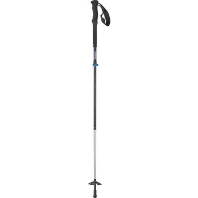 Een zwarte wandelstok met ergonomische handgreep en verstelbare hoogte, geschikt voor berg- of trekkingstochten.